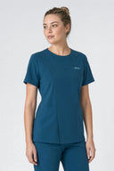 Model wearing Blue Green Mild280 Zip Scrub Top in a clinical setting, three-quarter view