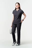 Grey CST202 Scrub Top shown with hand in the pock, full view
