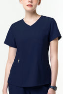 Pocket, neckline and seam details on the Warm Navy CST203 Scrub Top