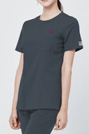Pocket, neckline and seam details on the Deep Slate Mild280 Zip Scrub Top