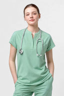 Close-up product detail showing pockets, neckline, closures, seams or finishing on the Smoke Mint CST202 Scrub Top.